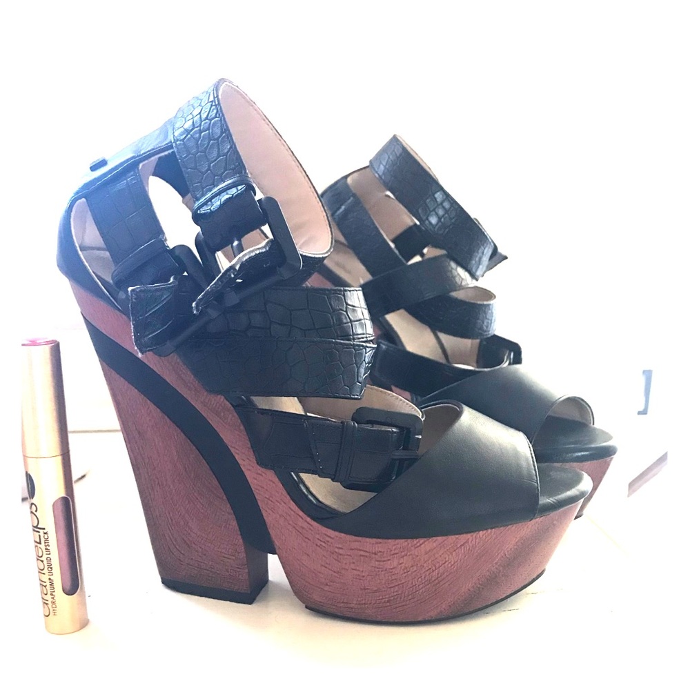 Black leather strap heels